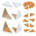 Isometric Pizza Triangle Box Slice. Slice of fresh Italian classic Pizza isolated on white background. Hot Tasty Pizza