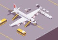 Isometric plane at the airport after landing. Loading cargo and baggage, people, airplane ground service cars around. Concept