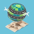 Isometric plane and transportation road circled around the world