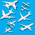 Isometric planes set. Private jet, 2 reactive passenger planes and small plane with propeller