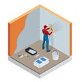 Isometric plasterer renovating indoor walls and ceilings with float and plaster. Construction finishing works Royalty Free Stock Photo