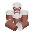 Isometric plastic cup. Empty white plastic disposable cups. Takeaway drink containers isolated, plastic container and