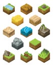 Isometric platforms set different soil textures. Set of materials for the game. Nature stone, landscape cartoon style interface Royalty Free Stock Photo