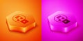Isometric Play in square icon isolated on orange and pink background. Hexagon button. Vector Royalty Free Stock Photo