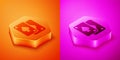 Isometric Playing cards icon isolated on orange and pink background. Casino gambling. Hexagon button. Vector Royalty Free Stock Photo