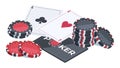 Isometric poker cards and casino chips. Online casino playing cards and poker chips, 3d gambling elements flat vector illustration
