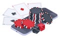 Isometric poker mobile app. Online gambling casino with cards, dice and chips, internet poker game vector illustration isolated on Royalty Free Stock Photo