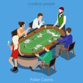 Isometric poker room concept. Player shuffler card play match stakes red dress sexy blond. Gamble gambling online casino app