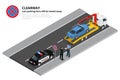 Isometric police fines car design flat . 3D car on Tow truck, police officer traffic, policeman person fines