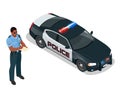 Isometric Police officer and police car with siren light blinking. Police officer in uniform. Modern police car