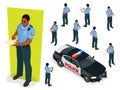 Isometric police-officer in uniform and police car. Vector illustration Isolated on white background. Police officer