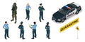Isometric police officers in medical masks and gloves. Quarantine Control. Coronavirus Prevention. Police characters and