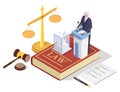Isometric political candidate, ballot box on the Law book, scales of justice, gavel, flat vector illustration. Vote law.