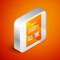 Isometric Poll document icon isolated on orange background. Silver square button. Vector