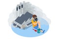 Isometric Pollution of the environment concept. A boy in a gas mask in the city. Air pollution from factories. Smog city