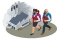 Isometric Pollution of the environment concept. Girl and boy in gas masks in the city. Air pollution from factories.Air