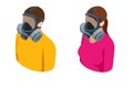 Isometric Pollution of the environment concept. Man and woman in gas masks in the city. Air pollution from factories.Air