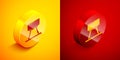 Isometric Pommel horse icon isolated on orange and red background. Sports equipment for jumping and gymnastics. Circle