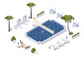 Isometric pool with water volleyball net in a hotel, aquapark, villa. Scene good for outdoor design Royalty Free Stock Photo