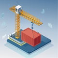 Isometric Port Crane Lifting a Cargo Container Royalty Free Stock Photo