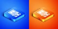 Isometric Portable tetris electronic game icon isolated on blue and orange background. Vintage style pocket brick game