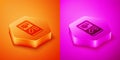 Isometric Portable video game console icon isolated on orange and pink background. Handheld console gaming. Hexagon