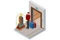 Isometric Porter with Baggage, Bellhop in Uniform and A hotel Luggage Cart loaded with Suitcases and Bags Enjoy the