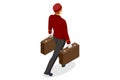 Isometric Porter with Baggage, Bellhop in Uniform and A hotel Luggage Cart loaded with Suitcases and Bags Enjoy the