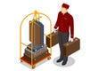 Isometric Porter with Baggage, Bellhop in Uniform and A hotel Luggage Cart loaded with Suitcases and Bags Enjoy the