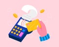 Isometric pos terminal with hand holding bank debit or credit card. Contactless payment concept, point of sale payment machine