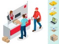 Isometric Post Office concept. Young man waiting for a parcel in a post office. Correspondence isolated vector