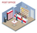 Isometric Post Office concept. Young man and woman waiting for a parcel in a post office. Correspondence isolated vector Royalty Free Stock Photo