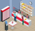 Isometric Post Office concept. Young man and woman waiting for a parcel in a post office. Correspondence vector