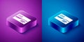 Isometric Postcard travel icon isolated on blue and purple background. Square button. Vector