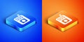 Isometric Press the SOS button icon isolated on blue and orange background. Square button. Vector