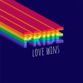 Isometric Pride love wins text with rainbow flag on blue background Royalty Free Stock Photo