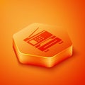 Isometric Printer icon isolated on orange background. Orange hexagon button. Vector Illustration