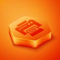 Isometric Printer icon isolated on orange background. Orange hexagon button. Vector Illustration