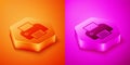 Isometric Printer icon isolated on orange and pink background. Hexagon button. Vector