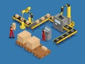 Isometric product factory. 3D conveyor line. Automated system process of assembly. People and machine in business