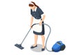 Isometric Professional chambermaids cleaning floor in hotel room. Chambermaid in uniform using vacuum cleaner while