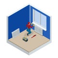 Isometric Professional plumber worker installing heating radiator in an empty room of a newly built apartment or house