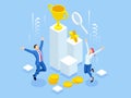 Isometric profit, fortune and success, successful investment concept. Man and woman is glad a lot of money, success Royalty Free Stock Photo