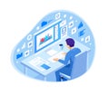 Isometric programmer coding new project sitting on computer with command line web development, programming concept Royalty Free Stock Photo