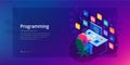 Isometric programmer coding new project. Web developer, programming concept. Landing page or mobile website development