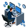 Isometric programming concept. Programmer is working at his work place, over him are abstract icons of internet Royalty Free Stock Photo