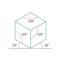 Isometric projection cube with marked angles. Vector illustration