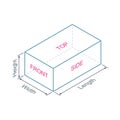 Isometric projection cuboid with dimensions and faces. Vector illustration