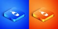 Isometric Propane gas tank icon isolated on blue and orange background. Flammable gas tank icon. Square button. Vector Royalty Free Stock Photo