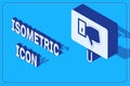 Isometric Protest icon isolated on blue background. Meeting, protester, picket, speech, banner, protest placard